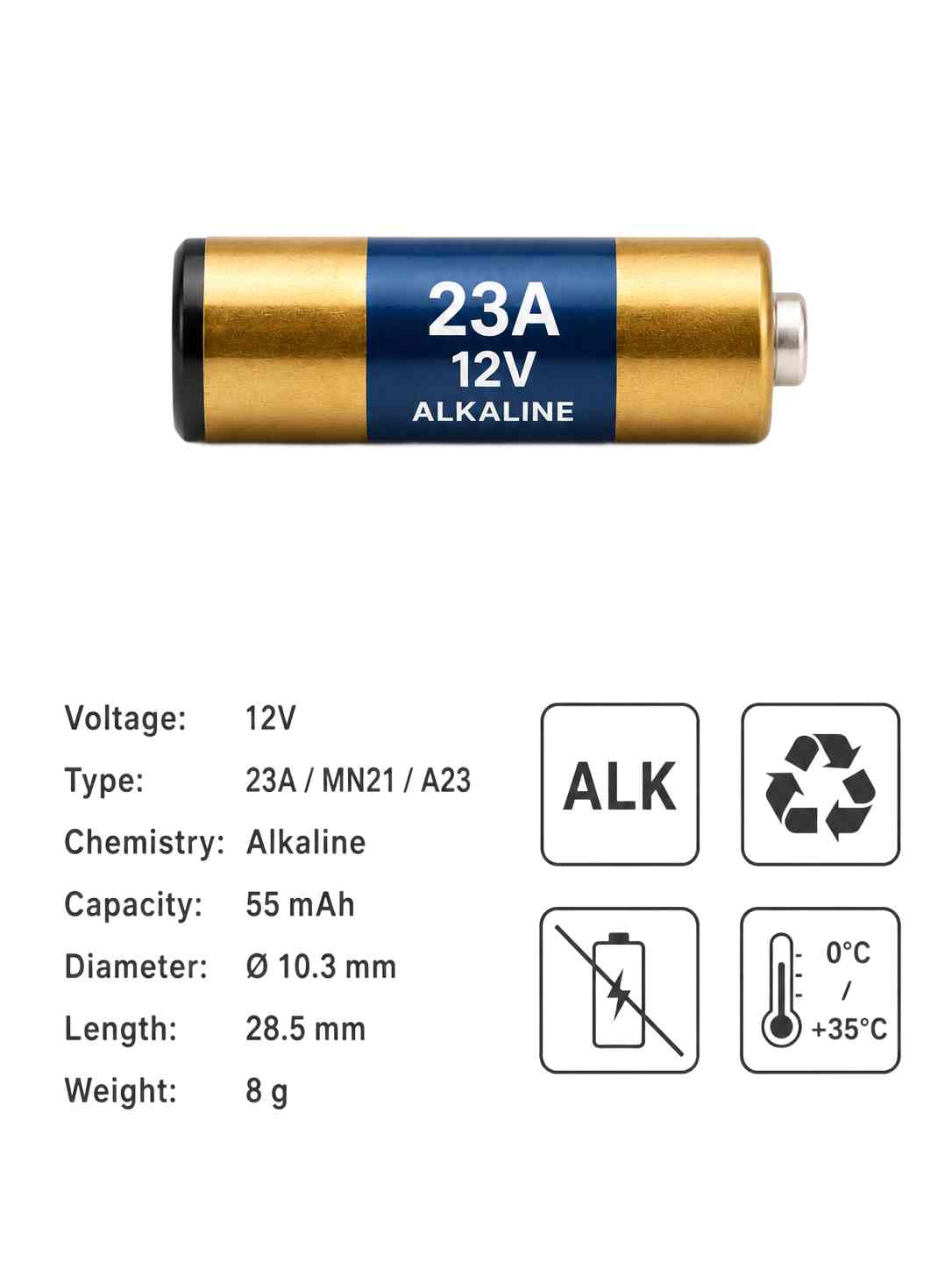 baterie 23A alkalická 12V hmotnost 8g bezpečnost